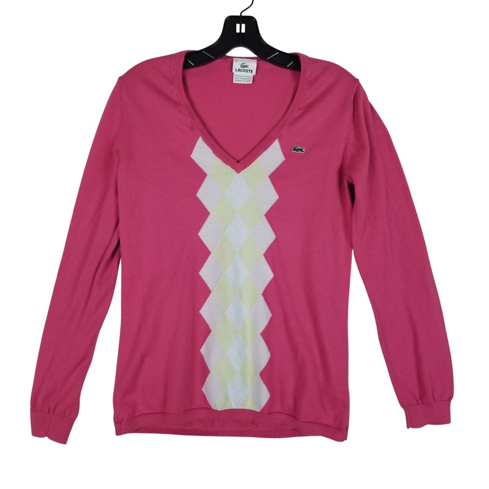 Lacoste V-Neck Sweater Womens 42 Pink Argyle Cotton Knit Long Sleeve Logo